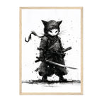 Monochrome Ninja Cat Art Print: Black White Ink Warrior Stealth Scene