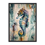 Colorful abstract painting of a seahorse with a black frame.