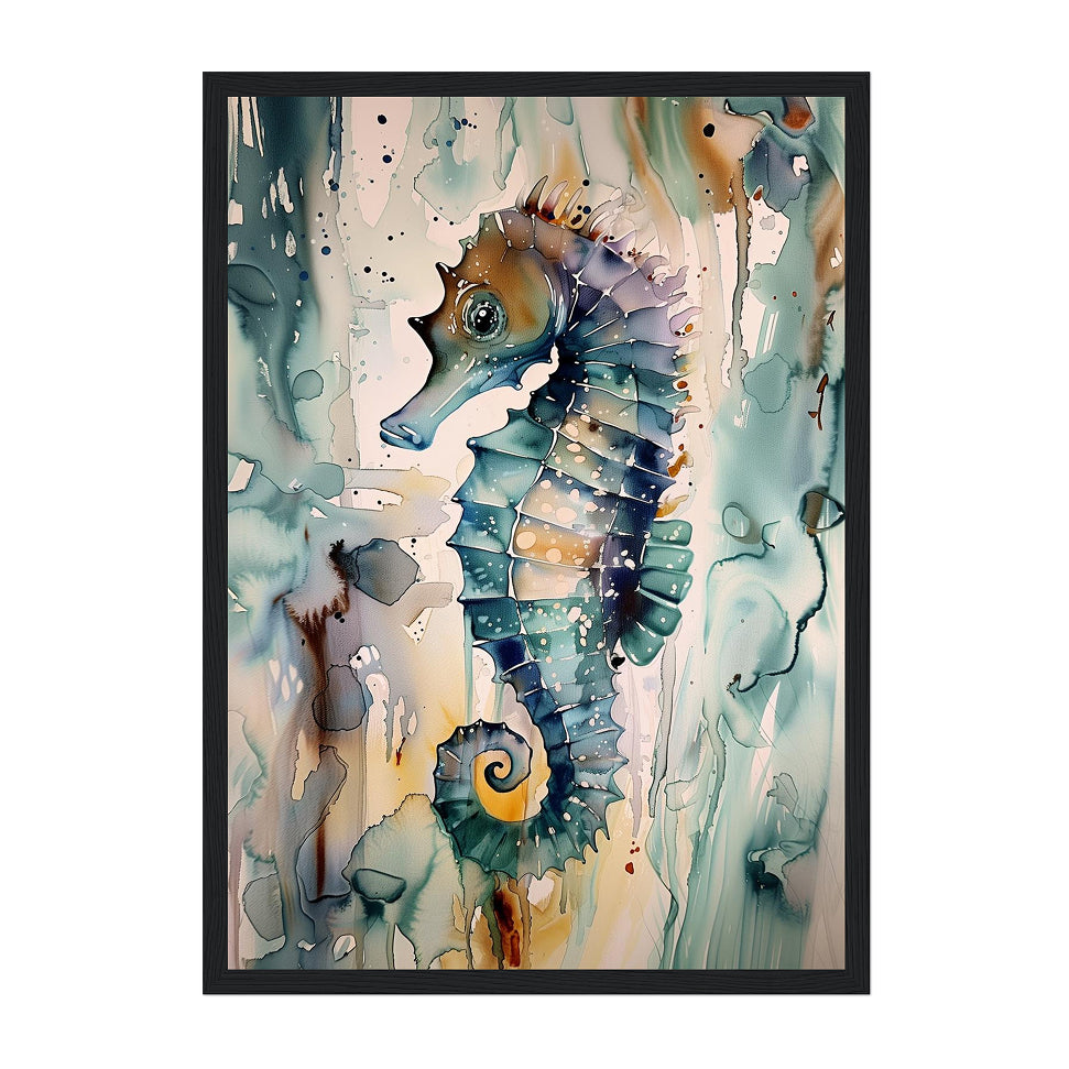 Coastal Watercolor Seahorse Art Print: Teal Blue Ocean Wall Decor