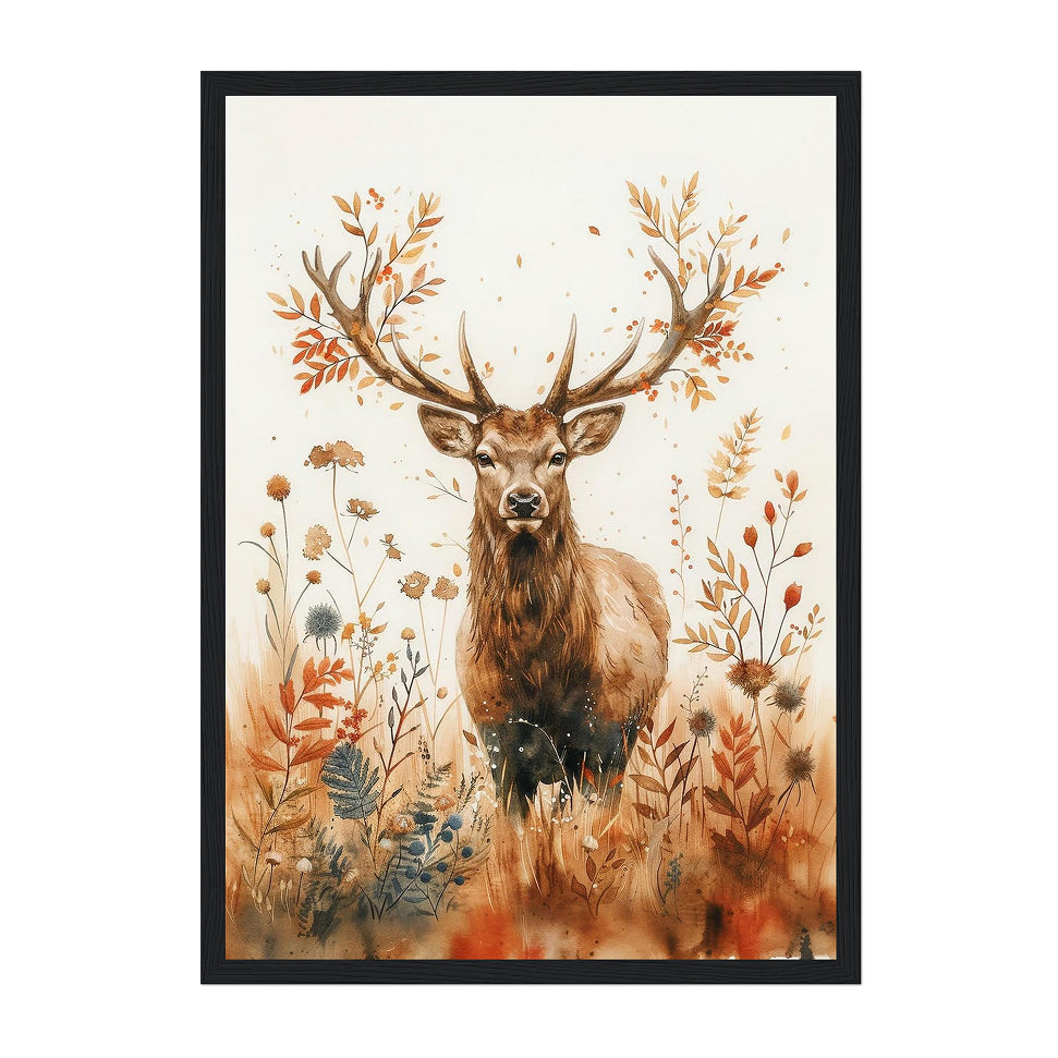 Watercolor Botanical Deer Art Print: Warm Autumn Woodland Wildlife Scene