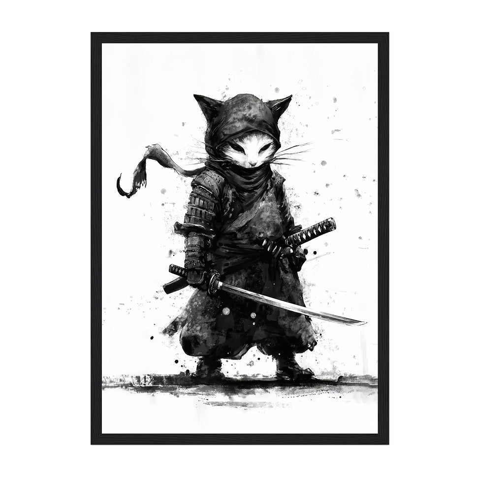 Framed black and white artwork of a cat-like character in a warrior pose with a sword.