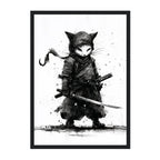 Framed black and white artwork of a cat-like character in a warrior pose with a sword.