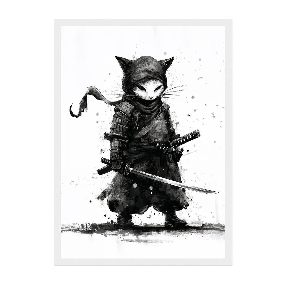 Monochrome Ninja Cat Art Print: Black White Ink Warrior Stealth Scene