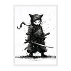 Monochrome Ninja Cat Art Print: Black White Ink Warrior Stealth Scene