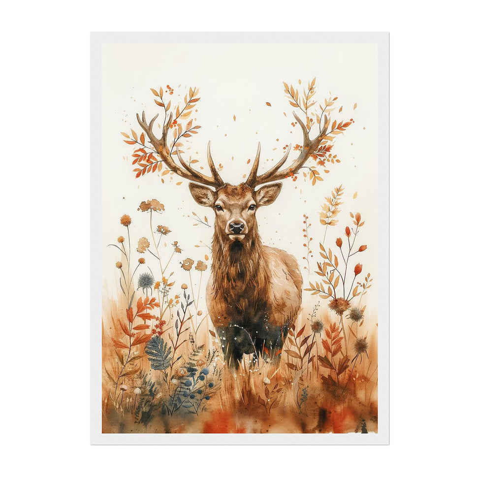 Watercolor Botanical Deer Art Print: Warm Autumn Woodland Wildlife Scene