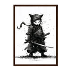 Monochrome Ninja Cat Art Print: Black White Ink Warrior Stealth Scene