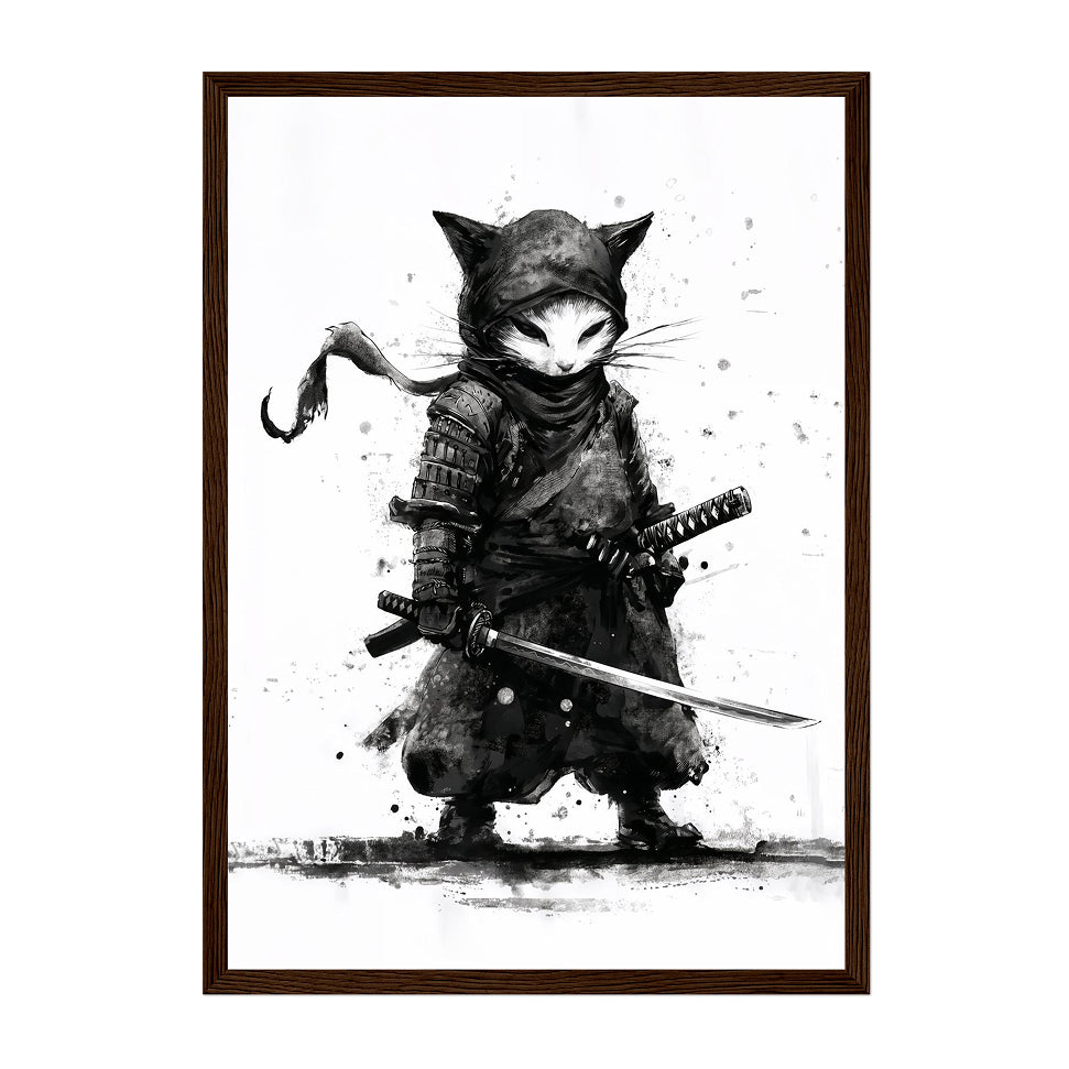 Monochrome Ninja Cat Art Print: Black White Ink Warrior Stealth Scene