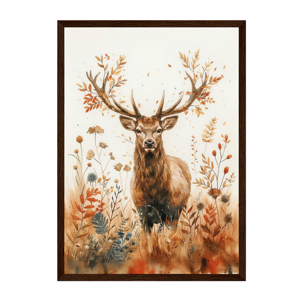 Watercolor Botanical Deer Art Print: Warm Autumn Woodland Wildlife Scene