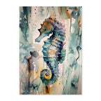 Artistic illustration of a seahorse with abstract watercolor background