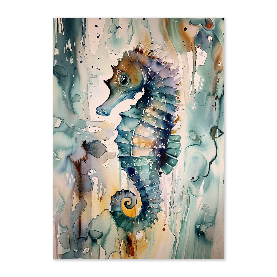 Artistic illustration of a seahorse with abstract watercolor background