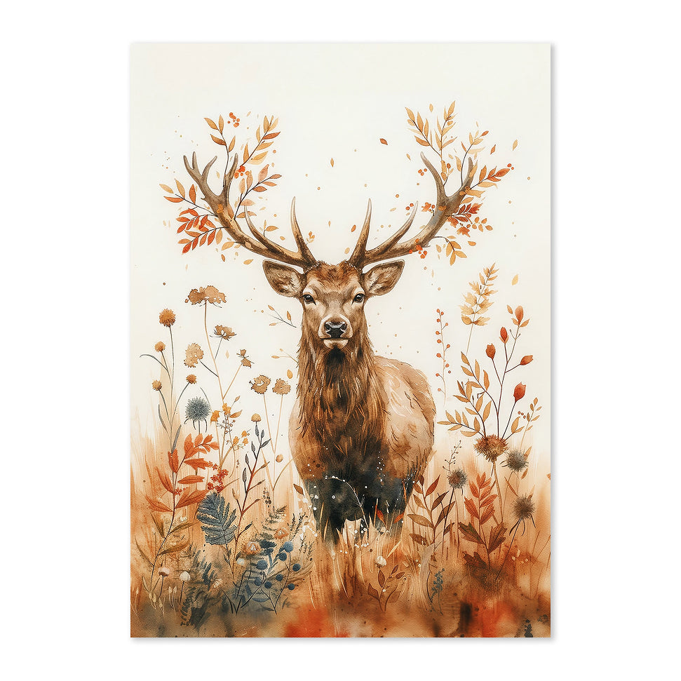 Watercolor Botanical Deer Art Print: Warm Autumn Woodland Wildlife Scene