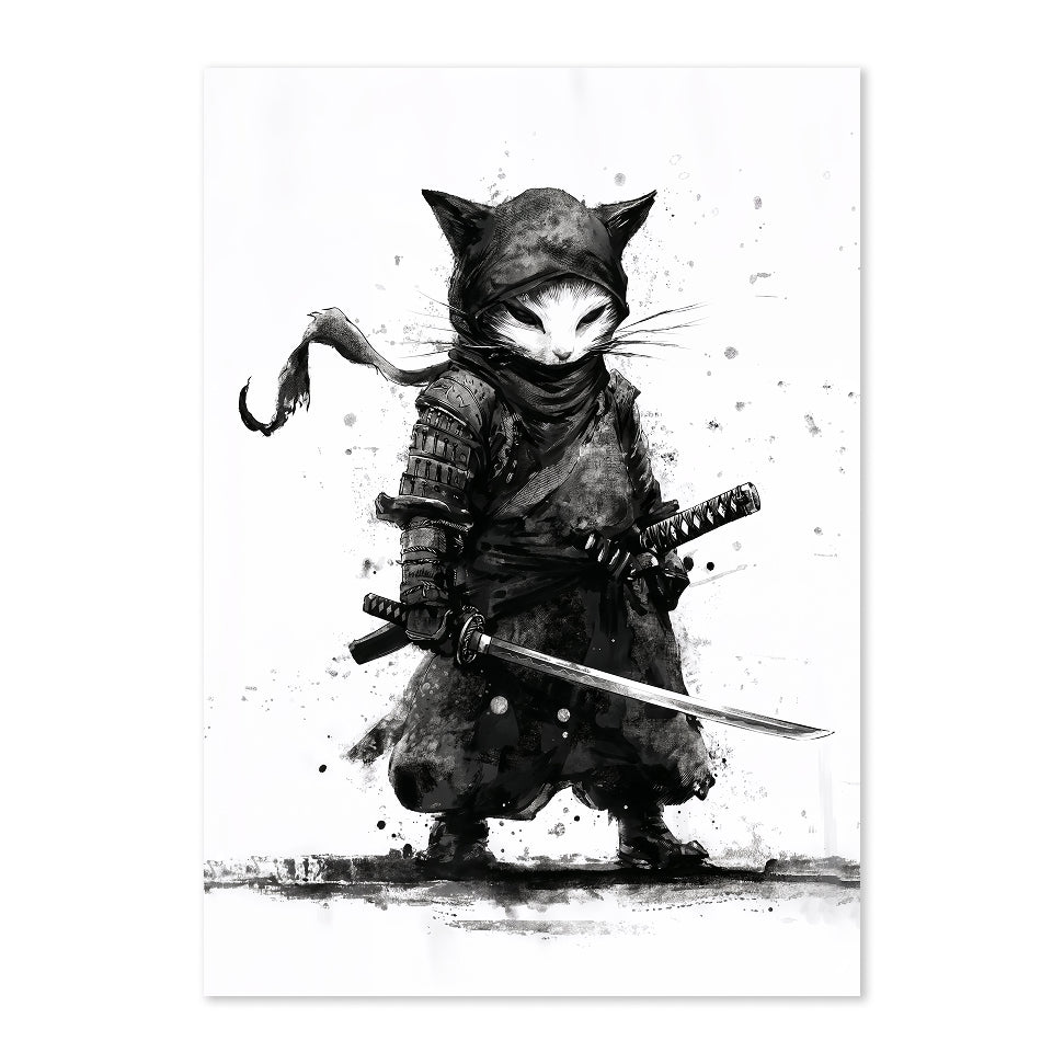 Black and white illustration of a cat in samurai attire with a sword on a white background