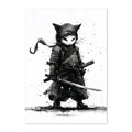 Black and white illustration of a cat in samurai attire with a sword on a white background