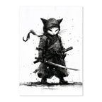 Black and white illustration of a cat in samurai attire with a sword on a white background