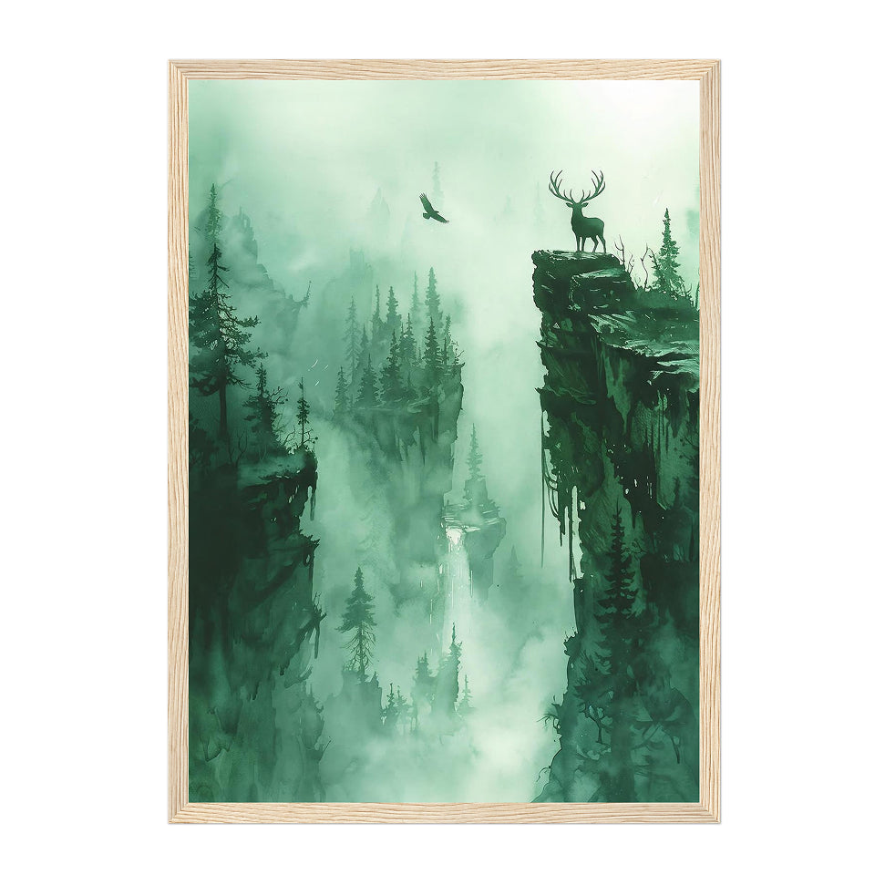 Watercolor Ink Deer and Bird Art Print: Emerald Mist Atmospheric Cliff Scene