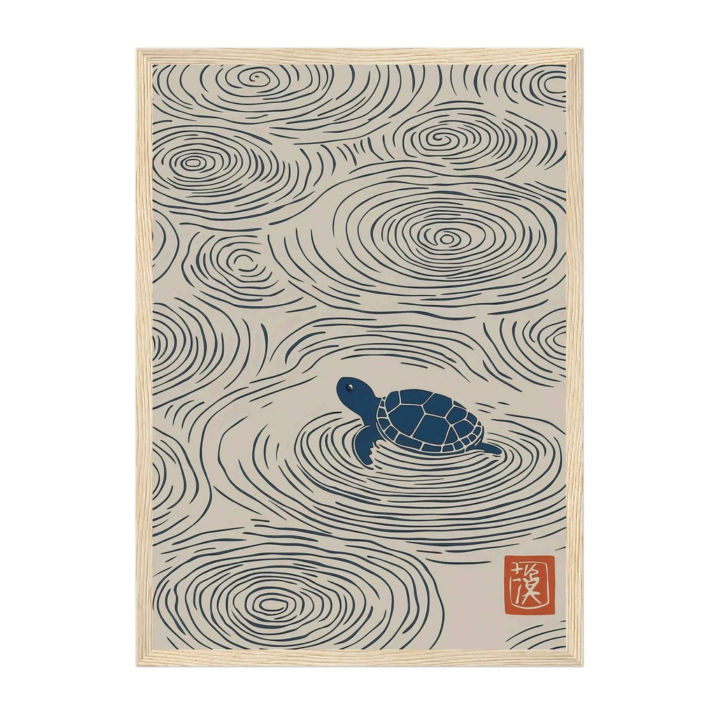 Japanese turtle wall art print with ripple pattern, minimal Japandi ocean decor