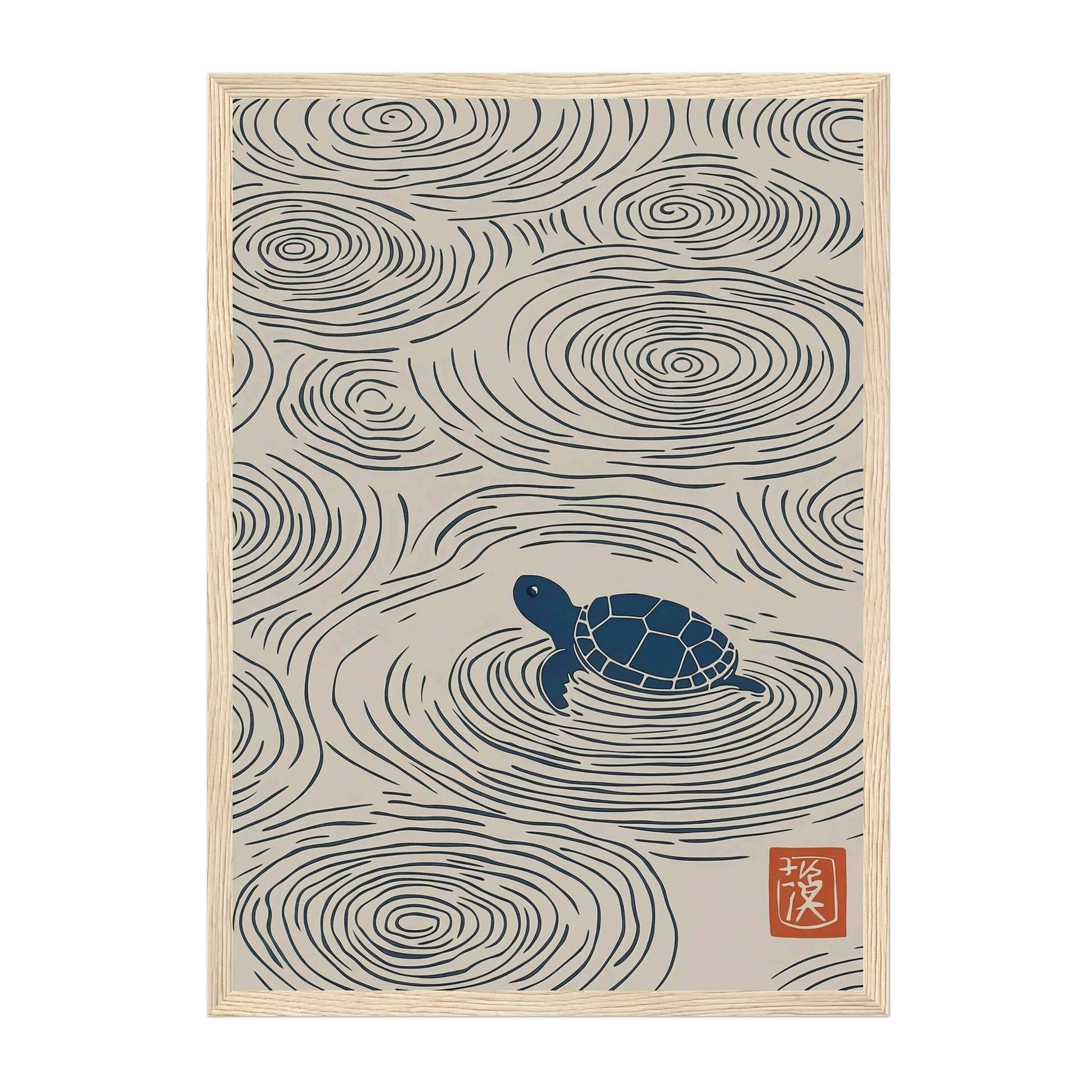 Japanese turtle wall art print with ripple pattern, minimal Japandi ocean decor