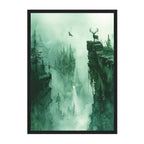 Watercolor Ink Deer and Bird Art Print: Emerald Mist Atmospheric Cliff Scene