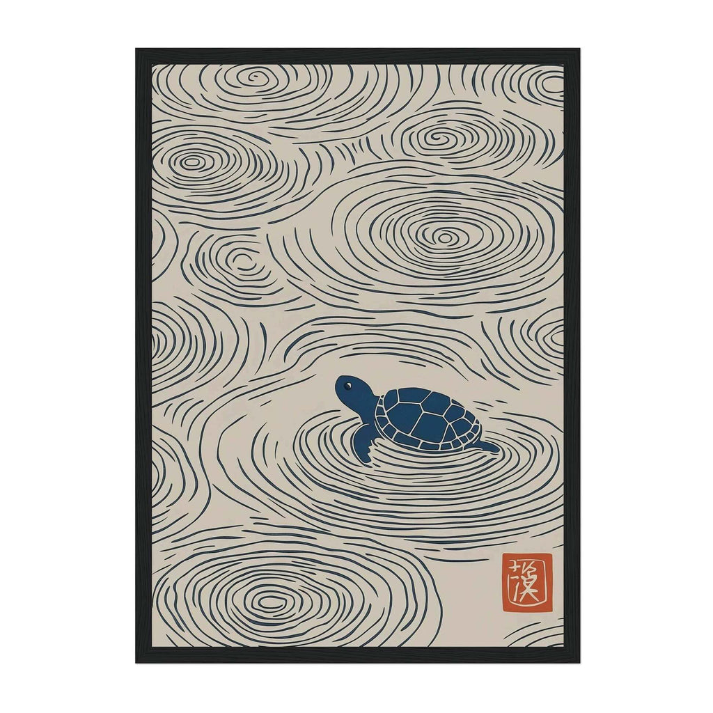Japanese turtle wall art print with ripple pattern, minimal Japandi ocean decor