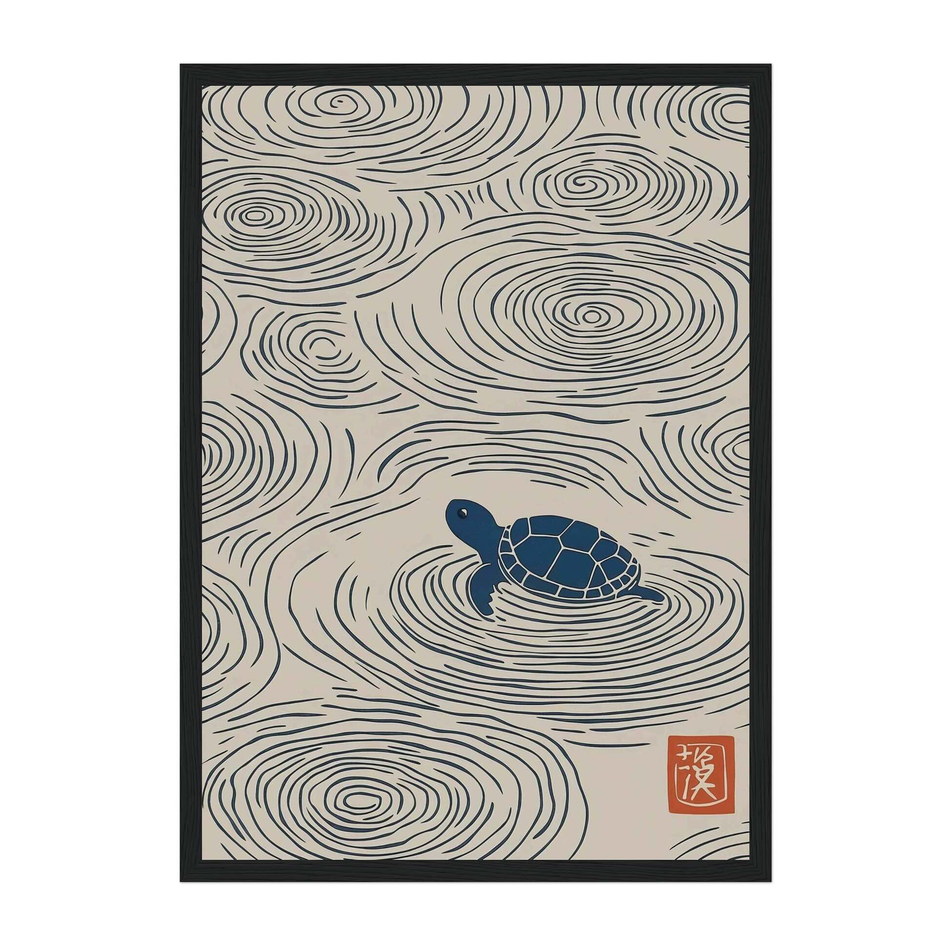 Japanese turtle wall art print with ripple pattern, minimal Japandi ocean decor