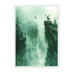 Watercolor Ink Deer and Bird Art Print: Emerald Mist Atmospheric Cliff Scene