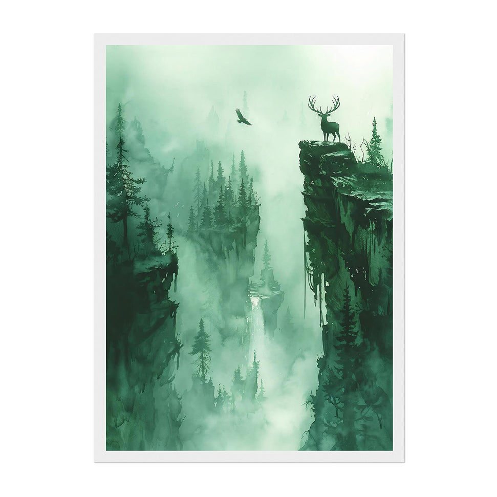 Watercolor Ink Deer and Bird Art Print: Emerald Mist Atmospheric Cliff Scene