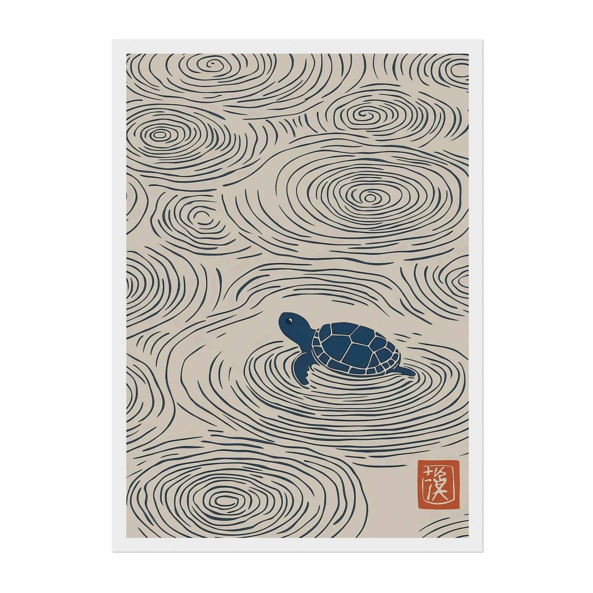 Japanese turtle wall art print with ripple pattern, minimal Japandi ocean decor