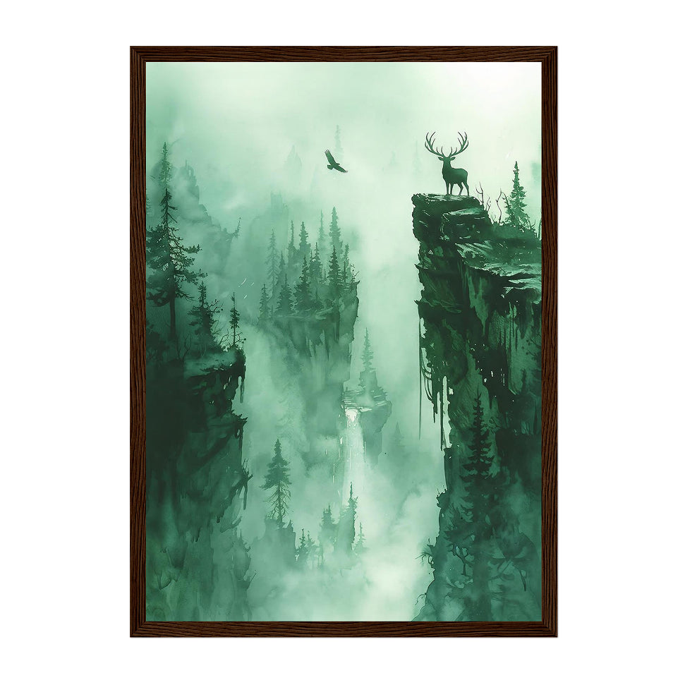 Watercolor Ink Deer and Bird Art Print: Emerald Mist Atmospheric Cliff Scene
