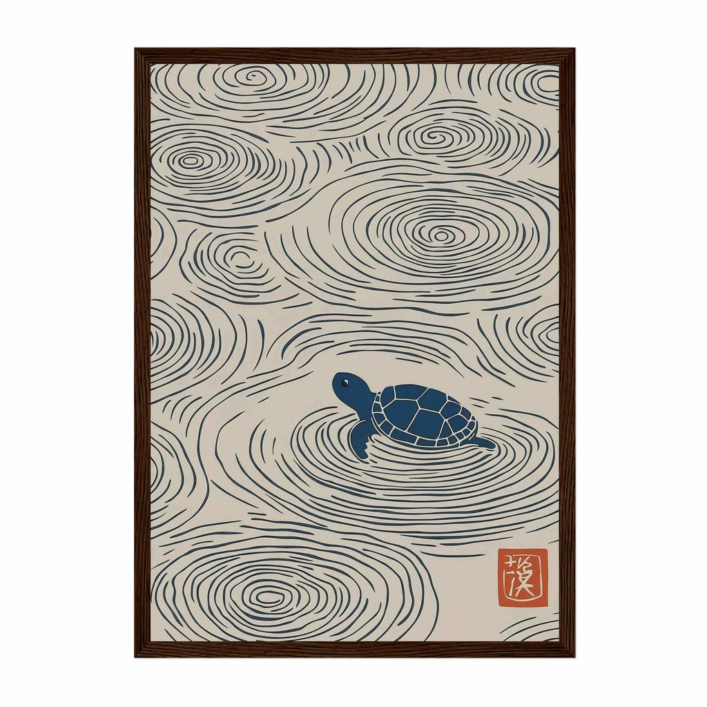 Japanese turtle wall art print with ripple pattern, minimal Japandi ocean decor