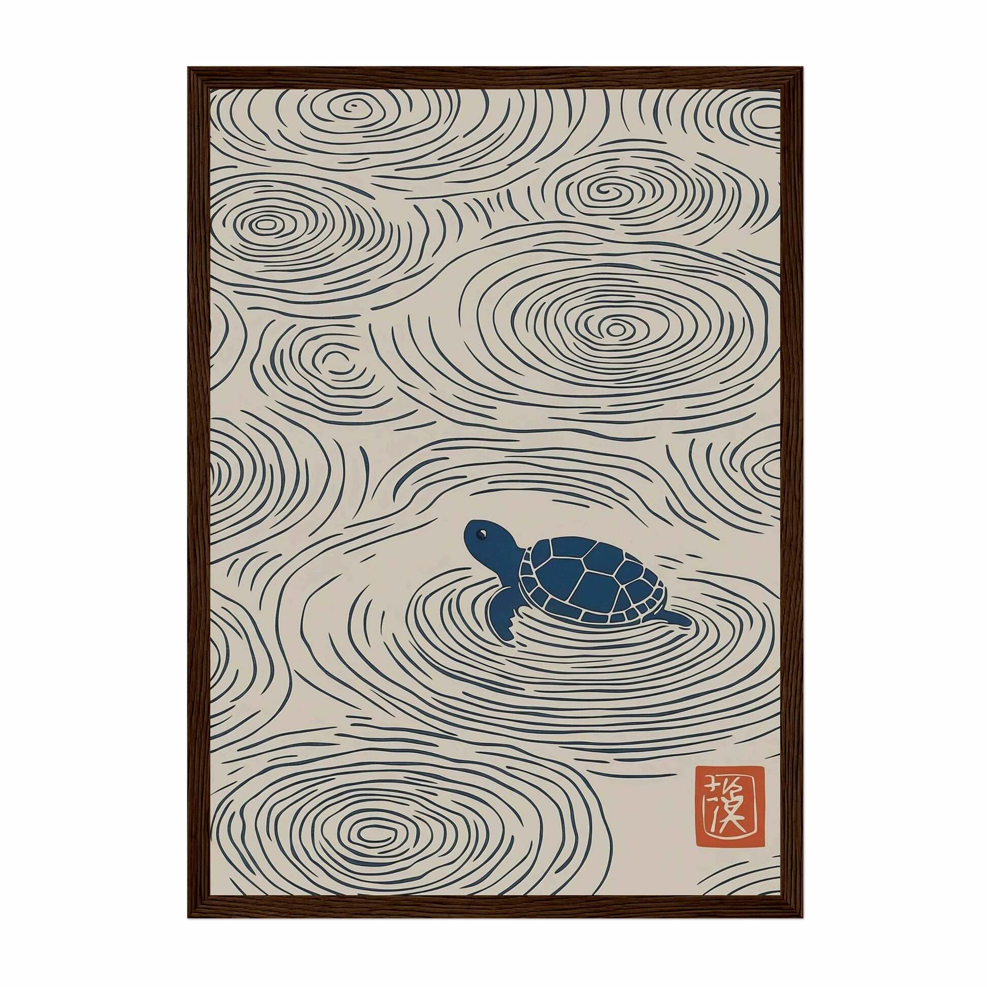 Japanese turtle wall art print with ripple pattern, minimal Japandi ocean decor