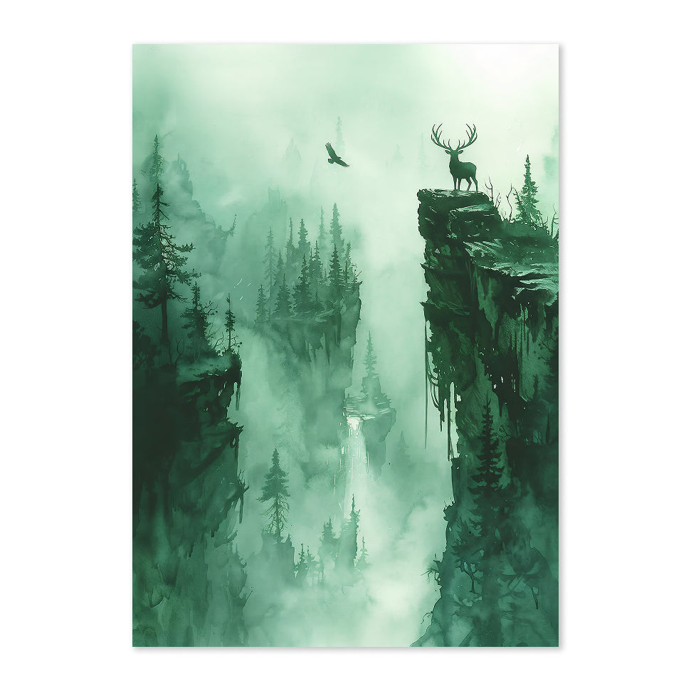 Foggy forest scene with a deer on a cliff edge