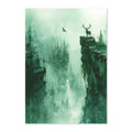 Foggy forest scene with a deer on a cliff edge