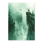 Foggy forest scene with a deer on a cliff edge