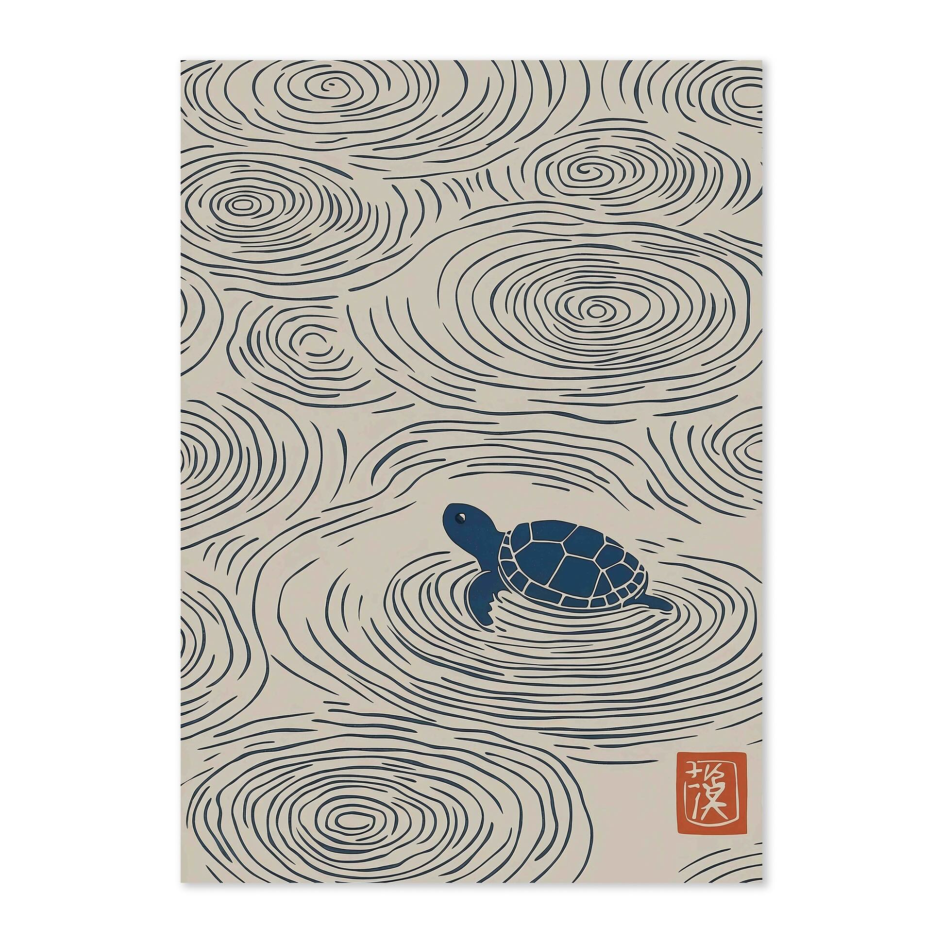 Japanese turtle wall art print with ripple pattern, minimal Japandi ocean decor