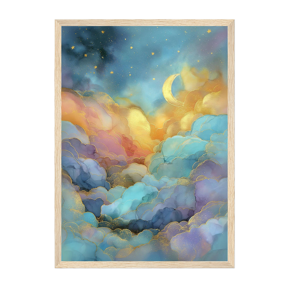 Celestial Watercolor Moon Art Print: Blue Gold Dreamy Pastel Cloudscape