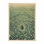 A framed art print featuring a Japanese-style illustration of concentric ripples in green water with a small turtle at the center, set in a light wood frame.