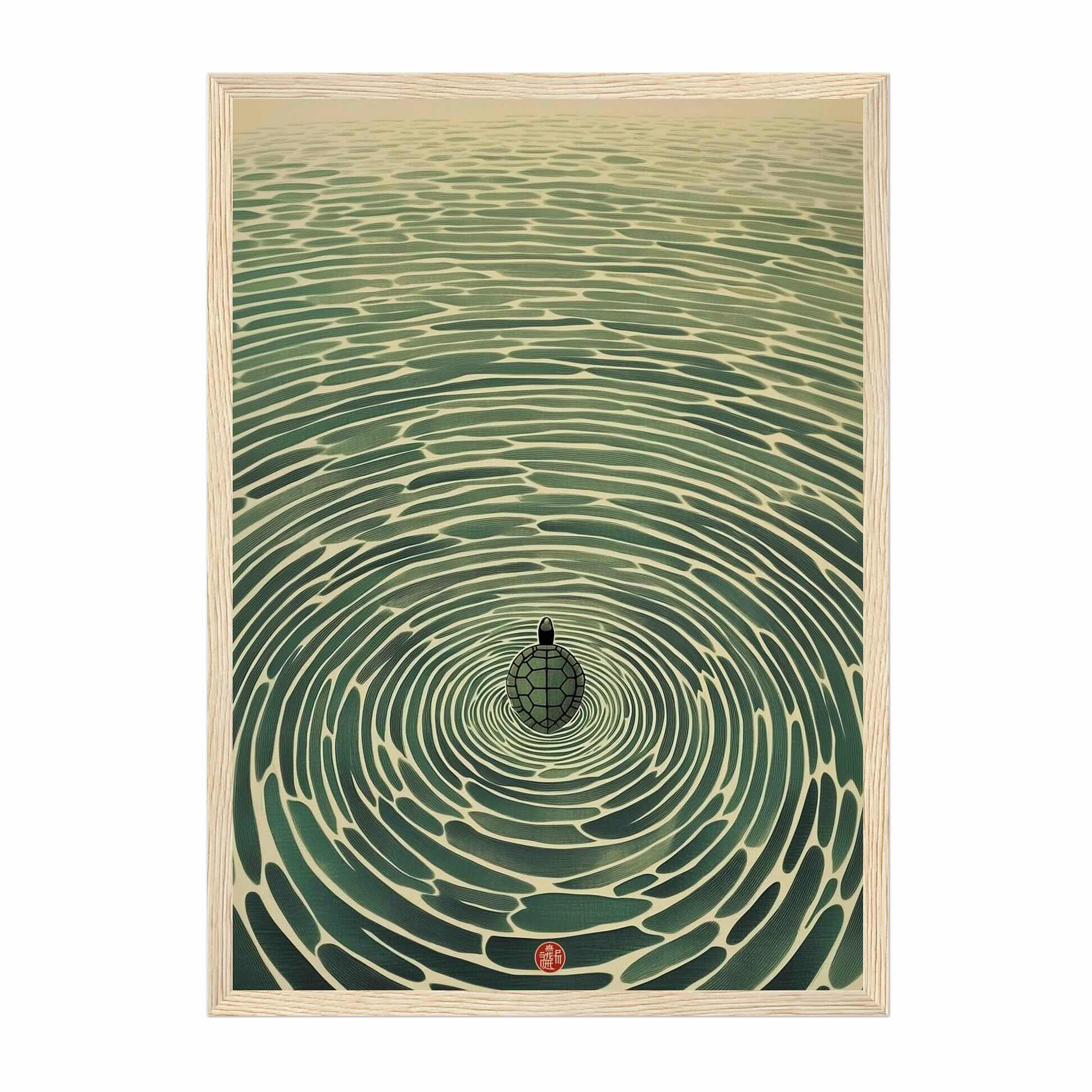 A framed art print featuring a Japanese-style illustration of concentric ripples in green water with a small turtle at the center, set in a light wood frame.