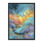 Framed artwork of a colorful cloud and celestial design