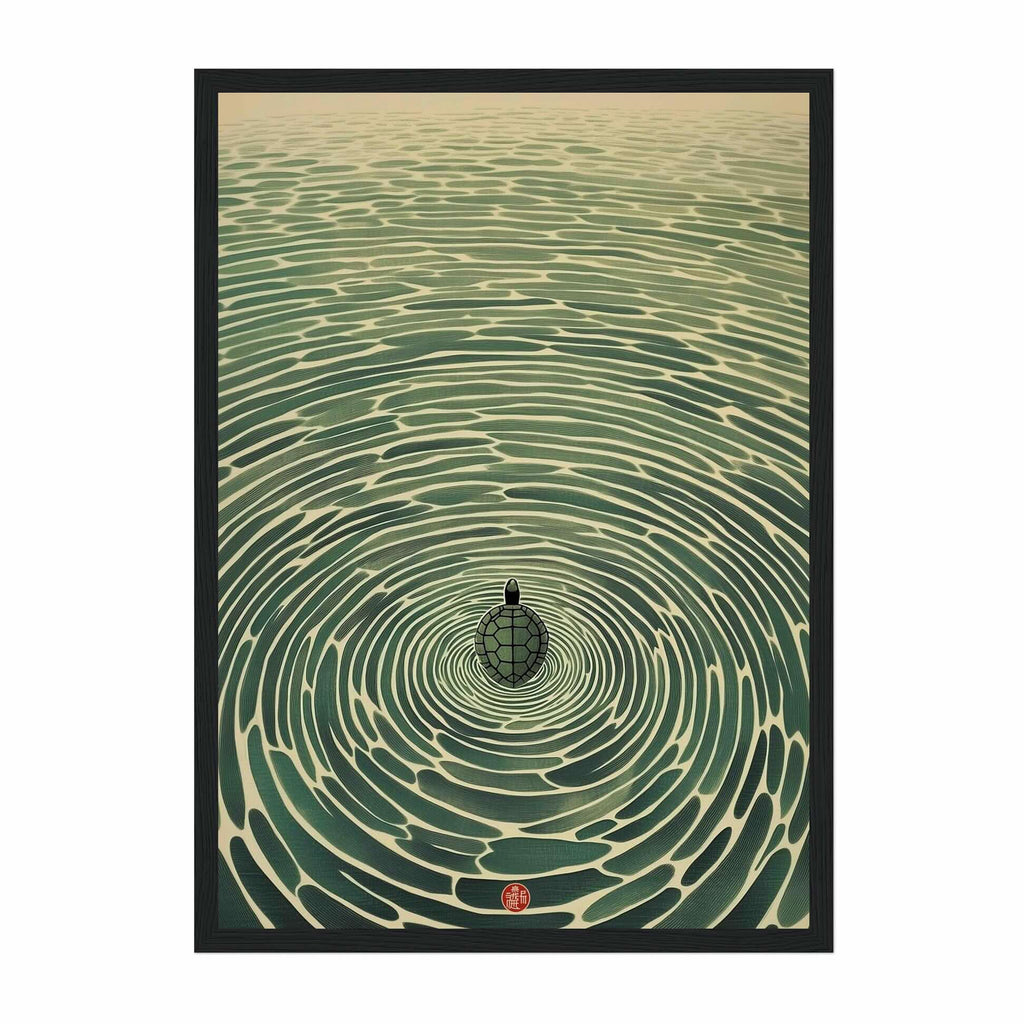 A framed art print featuring a Japanese-style illustration of concentric ripples in green water with a small dark bird at the center, shown against a plain white background.