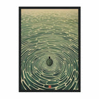 A framed art print featuring a Japanese-style illustration of concentric ripples in green water with a small dark bird at the center, shown against a plain white background.
