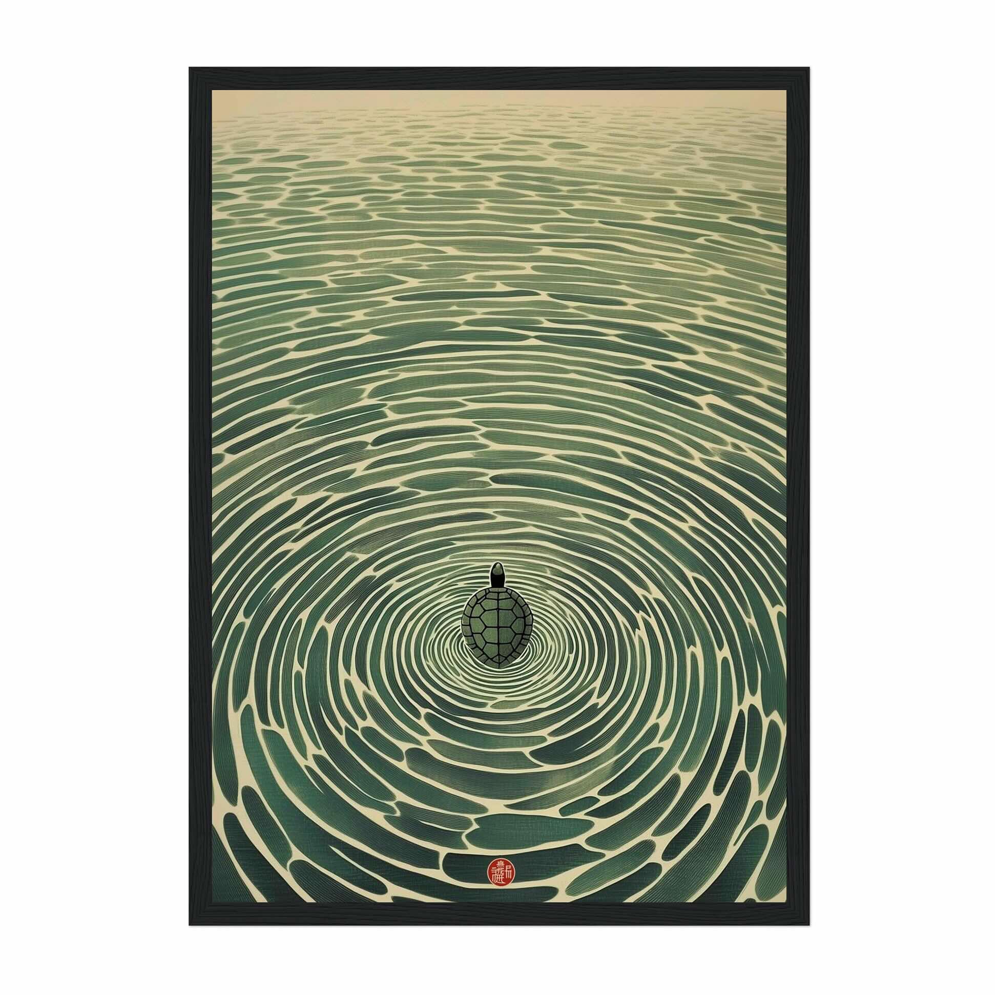 A framed art print featuring a Japanese-style illustration of concentric ripples in green water with a small dark bird at the center, shown against a plain white background.