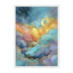 Celestial Watercolor Moon Art Print: Blue Gold Dreamy Pastel Cloudscape