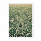 A framed art print featuring a Japanese-style illustration of concentric ripples in green water with a small turtle at the center, shown against a clean white background.