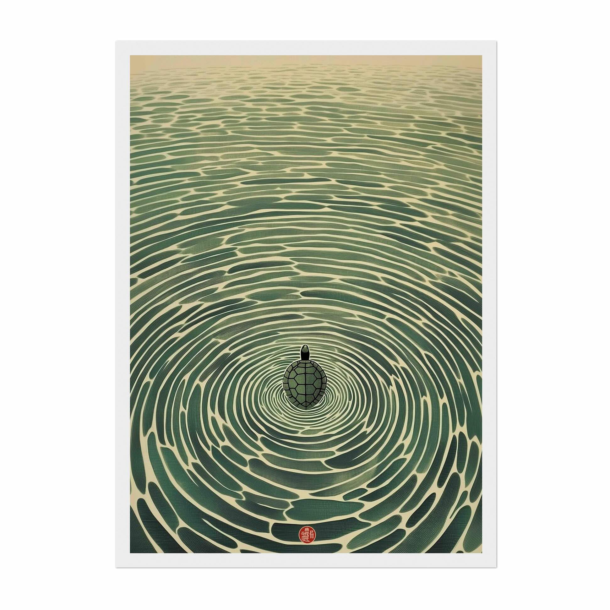 A framed art print featuring a Japanese-style illustration of concentric ripples in green water with a small turtle at the center, shown against a clean white background.