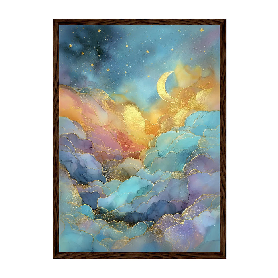 Celestial Watercolor Moon Art Print: Blue Gold Dreamy Pastel Cloudscape