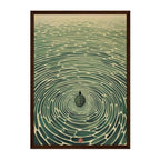 A framed art print featuring a Japanese-style illustration of concentric ripples in green water with a small turtle at the center, set in a dark brown wooden frame against a white background.