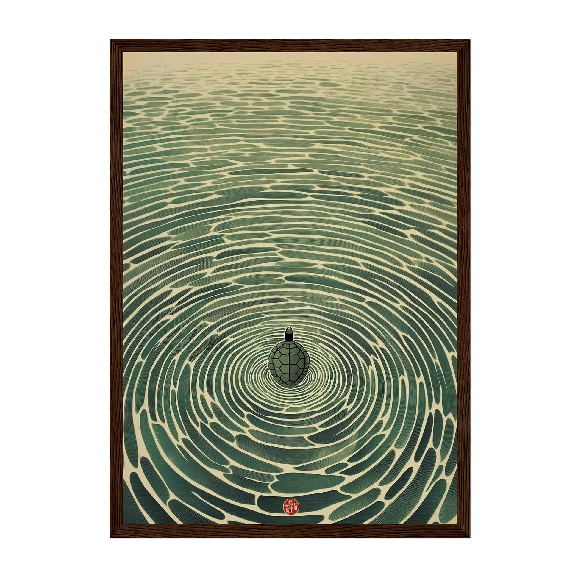 A framed art print featuring a Japanese-style illustration of concentric ripples in green water with a small turtle at the center, set in a dark brown wooden frame against a white background.