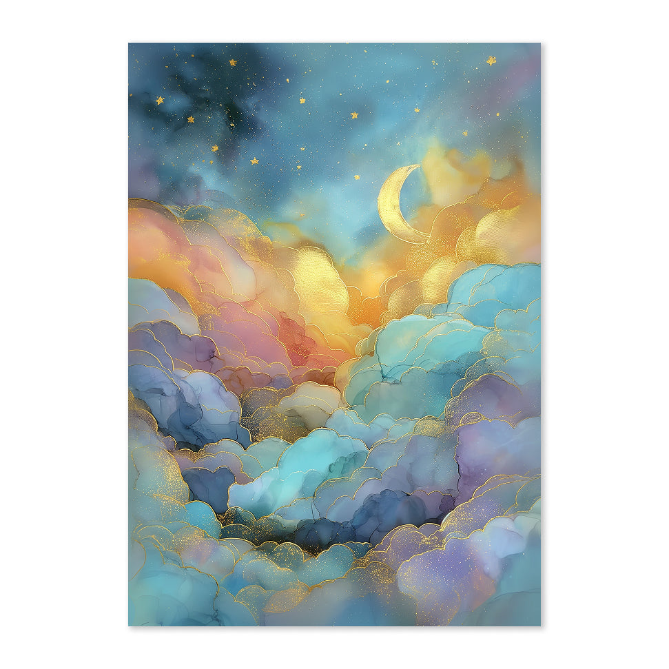 Colorful abstract painting of clouds and celestial elements on a white background
