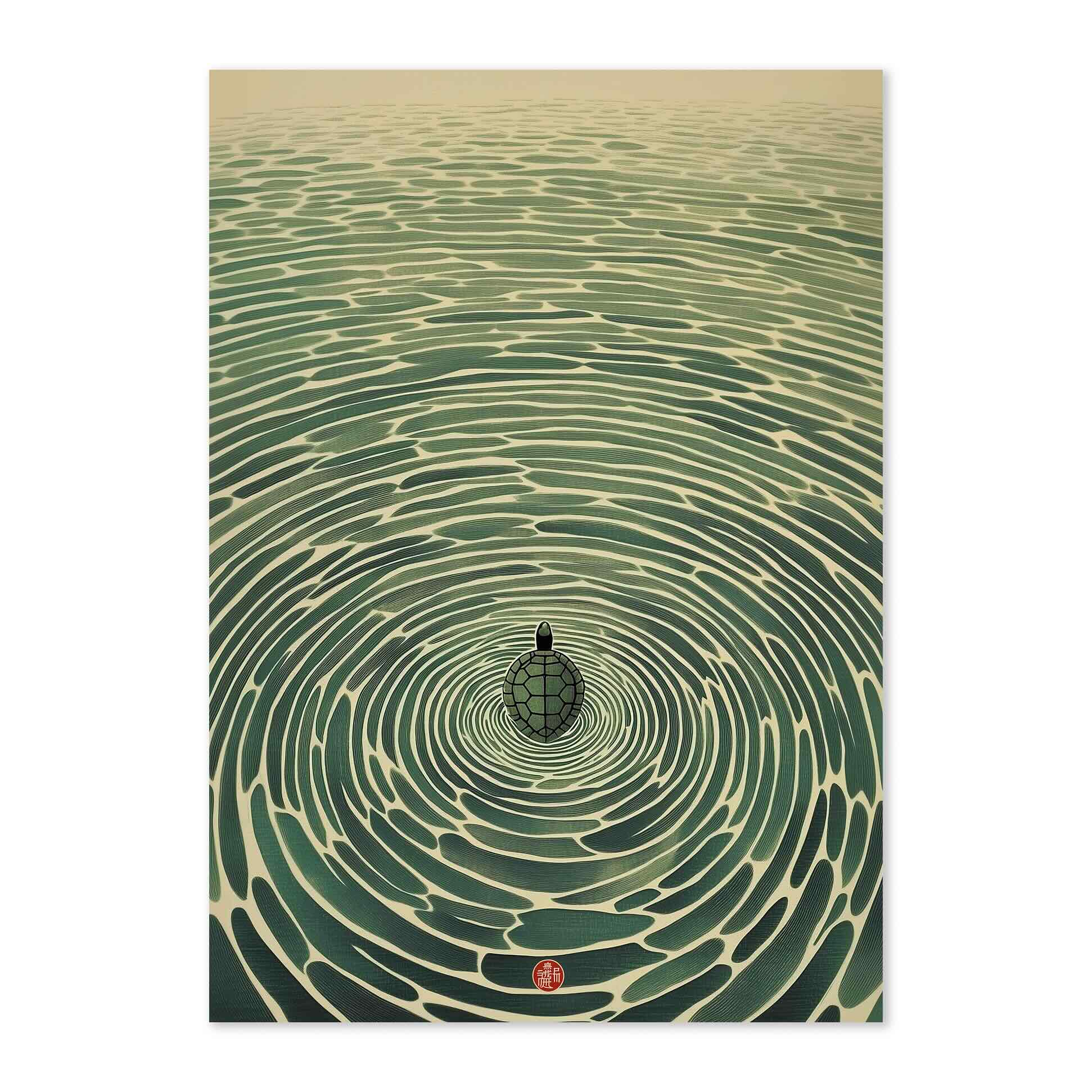 A square art print featuring a Japanese-style illustration of concentric ripples in green and beige water, with a small black ornament at the center and a tiny red seal near the bottom.