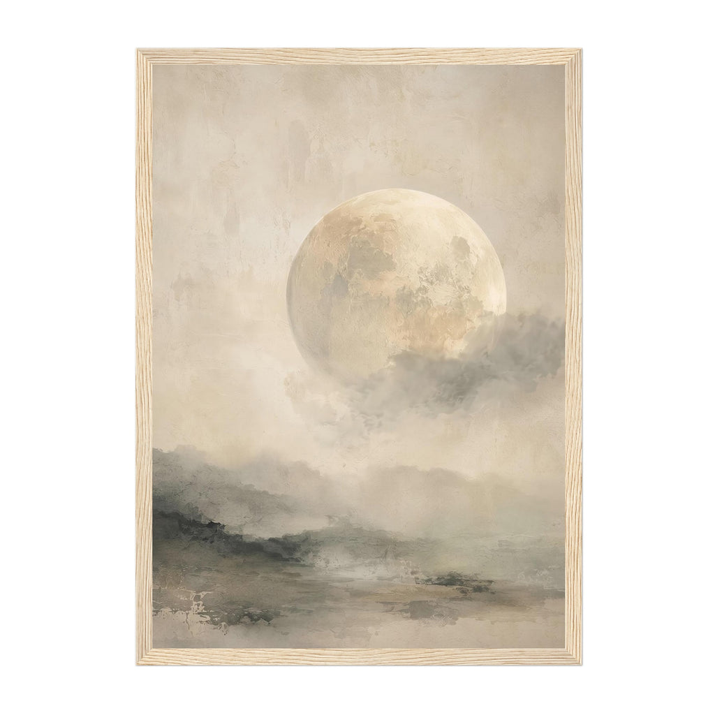 Framed wall art featuring a large pale moon glowing above misty hills and water in soft beige, gray, and brown tones, shown in a light natural wood frame on a white background.